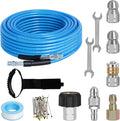 50FT Sewer Jetter Kit for Pressure Washer 5800PSI Drain Cleaner | 1/4" NPT Drain Cleaning Hose with 4 Jetting Nozzles, Handle Strap and Tools for Pressure Washer Cleaning