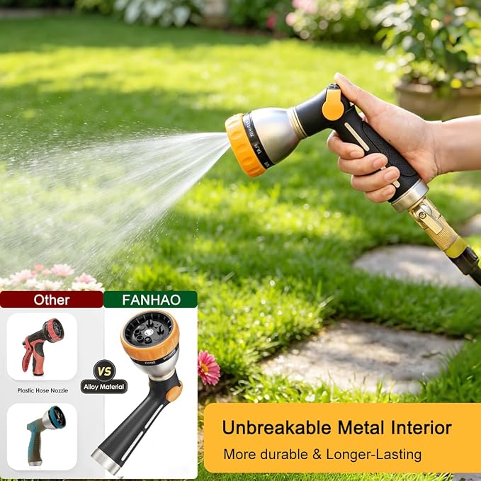 FANHAO Garden Hose Nozzle Heavy Duty Metal Spray Nozzle with Thumb Control, High Pressure Water Nozzle with 8 Adjustable Spray Patterns for Watering Plants, Washing Cars and Showering Pets