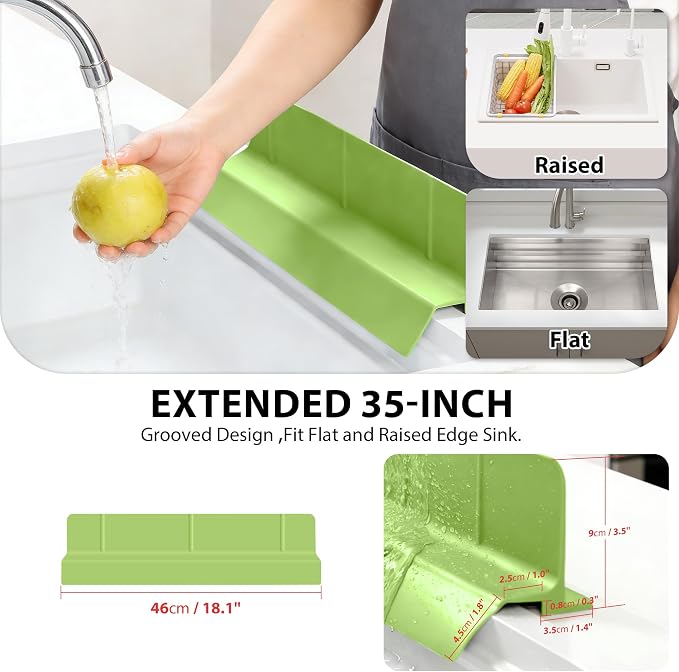 18Inch Sink Splash Guard – Extended Length & Tall Silicone Kitchen Sink Splash Guard with Overhang Drainage Design & Strong Suction Cups for Countertop(Green, 18''x3.5'')