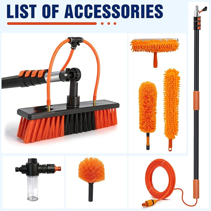 Up to 30FT Reach Water Fed Pole Window Cleaning System, 24FT Telescopic Pole with 180° Rotating Brush & Soap Dispenser, Solar Panel Cleaning Kit for Windows, Gutters & RV