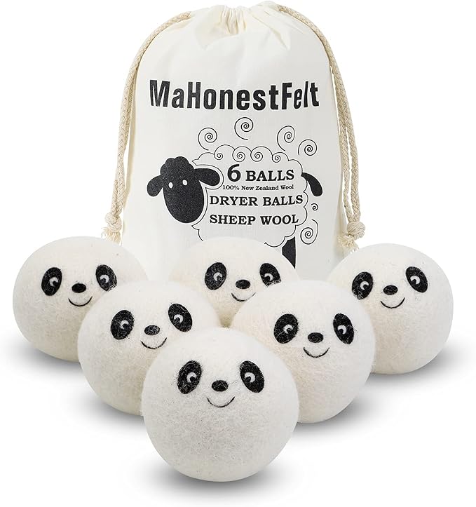 Wool Dryer Balls - Natural Fabric Softener, Reusable, Reduces Clothing Wrinkles and Saves Drying Time. Handmade Fair Trade No Lint Fabric Softener White (Pack of 6)