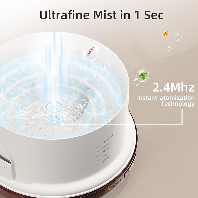 ASAKUKI Essential Oil Diffuser for Home, 500ML Aromatherapy Humidifier | with Remote Control, 7 Color LED Lights, Quiet Cool Mist Diffuser for Bedroom, Living Room, Office (Reddish-Brown)