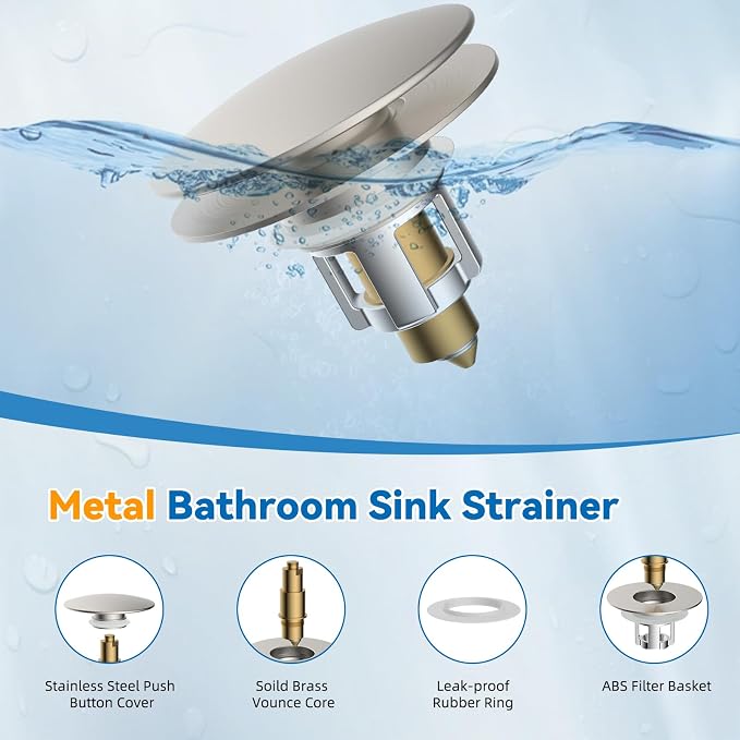 2 Pack Universal Metal Bathroom Sink Stopper, Hair Catcher, Brushed Nickel | Pop-Up Sink Drain Strainer with Detachable Filter, Drain Plug Fits 1.1"-2.36" US Basin, Large Cover Cap, Brass Bounce Core