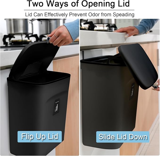 Tiyafuro 2.4 Gallon Kitchen Compost Bin for Counter Top or Under Sink, Hanging Small Trash Can with Lid for Cupboard/Bathroom/Bedroom/Office/Camping, Mountable Indoor Compost Bucket, Black