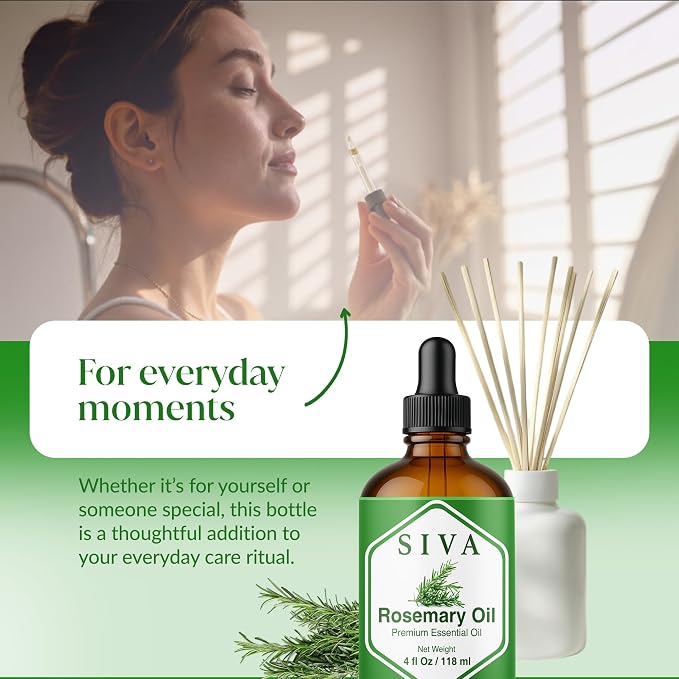 Siva Rosemary Essential Oil, Glass Bottle with Dropper, 4 Fl Oz (118 ml) | Rosemary Oil for Hair Care, Scalp Care, Diffuser, Humidifier, Skin, Body Massage, Soap Making, Candle Making & DIY Projects