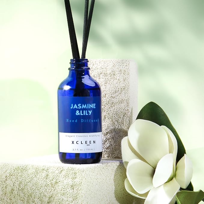 Xcleen Reed Diffuser Set- Jasmine & Lily Scented Diffuser with 6 Rattan Sticks, Long Lasting Reed Diffusers for Home Bathroom Shelf Decor-3.7oz