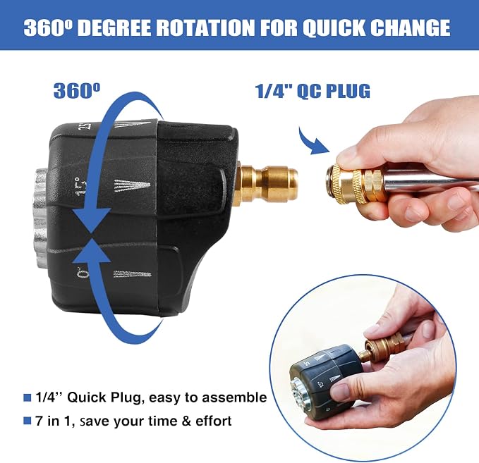 Pressure Washer Nozzle, 7-in-1 Quick Changeover Nozzle, Adjustable Pressure Washer Nozzle with 1/4 Inch Quick Connect, 3200 PSI Spray Nozzle