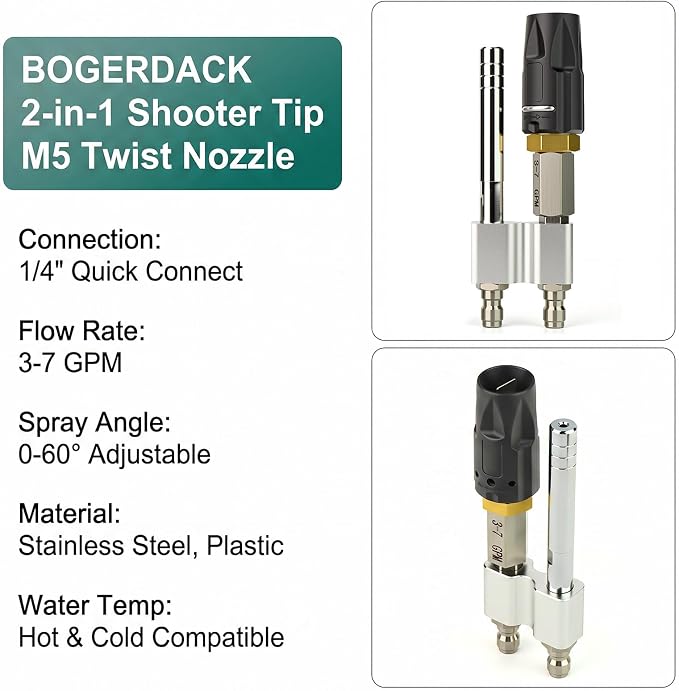 Stainless Steel 2-in-1 Downstream Soft Wash Nozzle, M5 Twist Shooter Tip with 1/4" Quick Connect, 0° to 60° Adjustable Spray Pattern for Pressure Washer 3-7 GPM – for Roofs, Siding, Vehicles