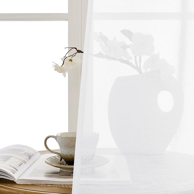 Tollpiz Short Sheer Door Curtains Closet Linen Textured Curtains Sheer Doorway Light Filtering Voile Patio Glass Door Rod Pocket Curtain French Door, 54 x 40 inches Long, White, Set of 1 Panel