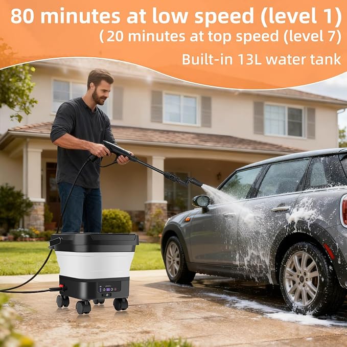Portable Cordless Pressure Washer, 6-in-1 Nozzle Water Pressure Washer with 7 Adjustable Pressure Levels, Electric Power Washer with 3.4 Gallon Tank for Camping Patio Car Garden Cleaning