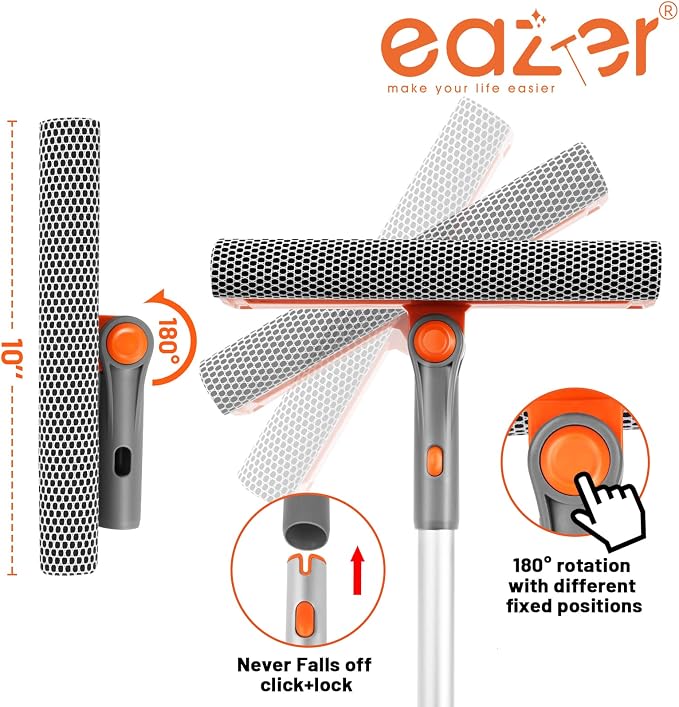Eazer 46'' Professional Window Cleaner Tool, 2-in-1 Rotatable Squeegee for Window Cleaning Kit, Window Washing Equipment Kit with Threaded Extension Pole(20''-46'') for Shower/Windshield.