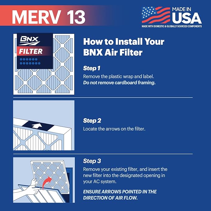 BNX TruFilter 16x24x1 Air Filter MERV 13 (4-Pack) - MADE IN USA - Electrostatic Pleated Air Conditioner HVAC AC Furnace Filters for Allergies, Pollen, Mold, Bacteria, Smoke, Allergen, MPR 1900 FPR 10