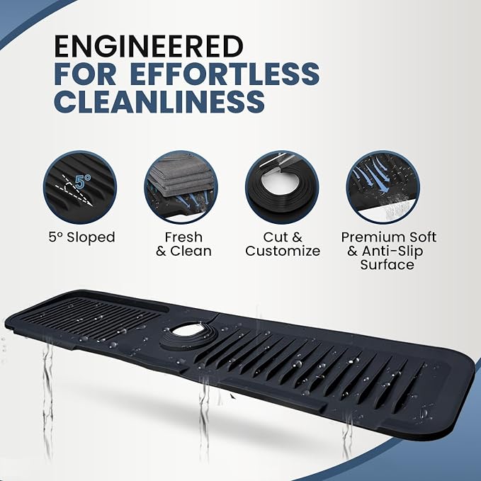 24x5.5 Inch Silicone Faucet Mat for Kitchen Sink - Kitchen Sink Splash Guard with FREE Rubber Drain Insert, Faucet Guard Draining Mat & Sink Water Splash Guard (Black)
