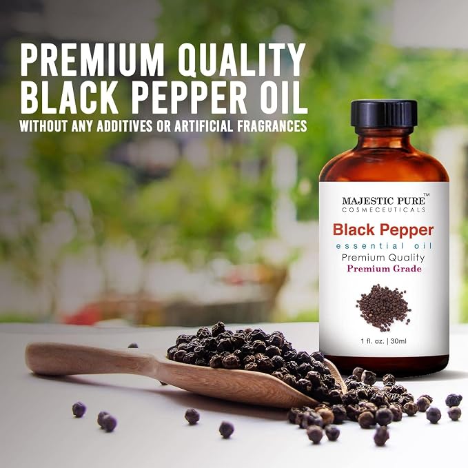 Majestic Pure Black Pepper Essential Oil for Diffuser - 1 Fl Oz | 100% Natural Essentials Oils for Aromatherapy, Massage, Steam inhalation, Air Freshing, Soap and Candle Making
