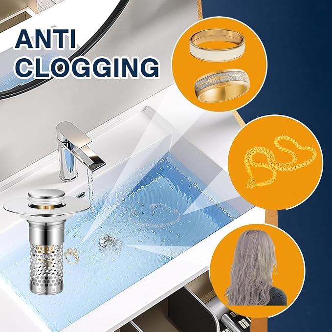 Bathroom Sink Drain Strainer 2 Pack,Bathroom Sink Stopper with Pop-Up Drain and Removable Hair Catcher, Stainless Steel Filter Basket, Fits Standard US Bathroom Sinks