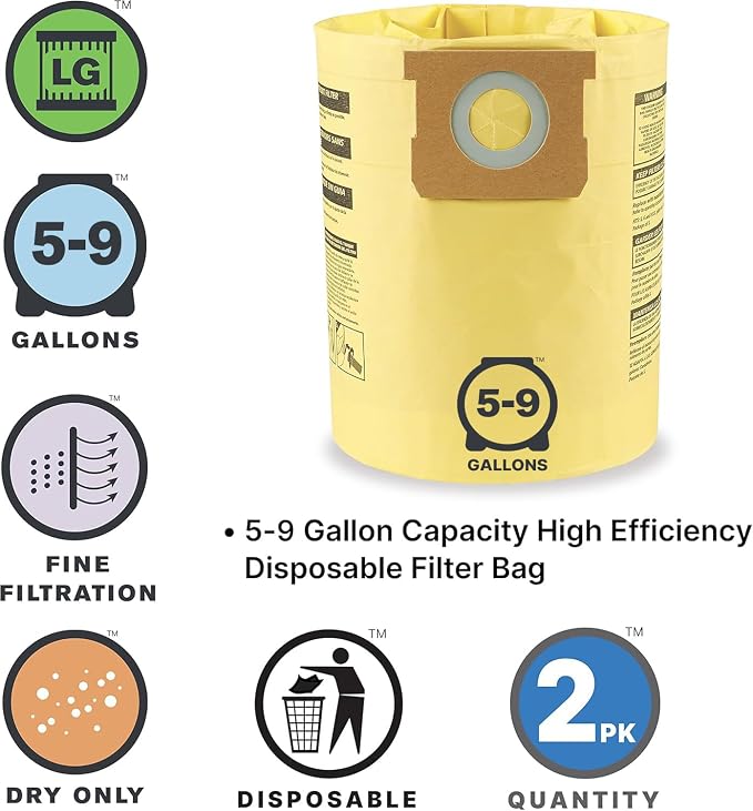 Shop-Vac 9067133 High Efficiency Disposable Vacuum Filter Bags (2-Pack) | Fits 5-9 Gallon Tanks, Enhanced Filtration and Dust Control