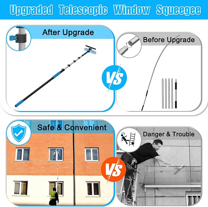 25FT Reach Window Squeegee Kit with Extension Pole, 2-in-1 Professional Washer for High Windows, 5-20FT Adjustable Reach, Rotatable Head for Indoor & Outdoor Use, Streak-Free Cleaning Tool for Home