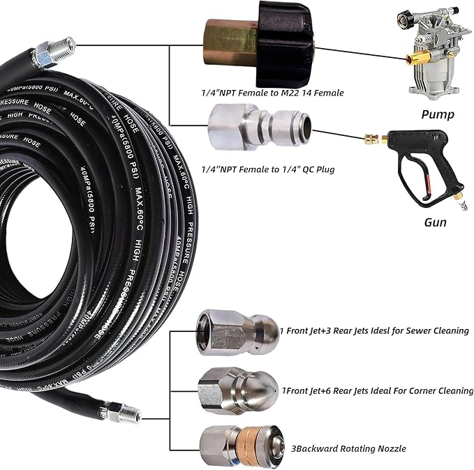 Sewer Jetter Kit for Pressure Washer 5800 PSI Drain Cleaner Hose 1/4 Female NPT,Button Nose,Pressure Washer Adapter,Button Hose Sewer Jetting Nozzle Pearl Corsage Pin Waterproof Tape with 2 Spanner