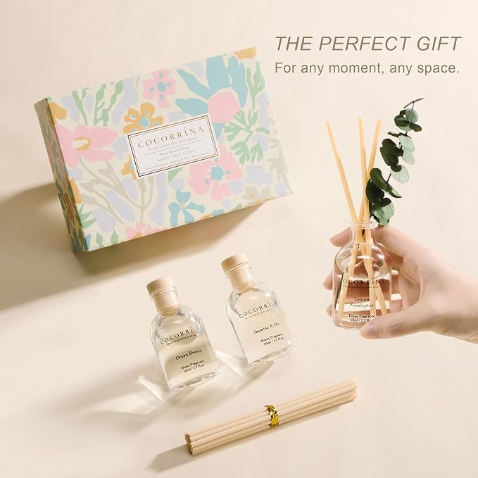 Reed Diffuser Set of 3 with Dried Eucalyptus for Home & Office | Lemon Eucalyptus/Jasmine & Mint/Ocean Breeze Scents, Aromatherapy Scented Oil Diffusers, 1.7 oz Each, Total 5.1 oz