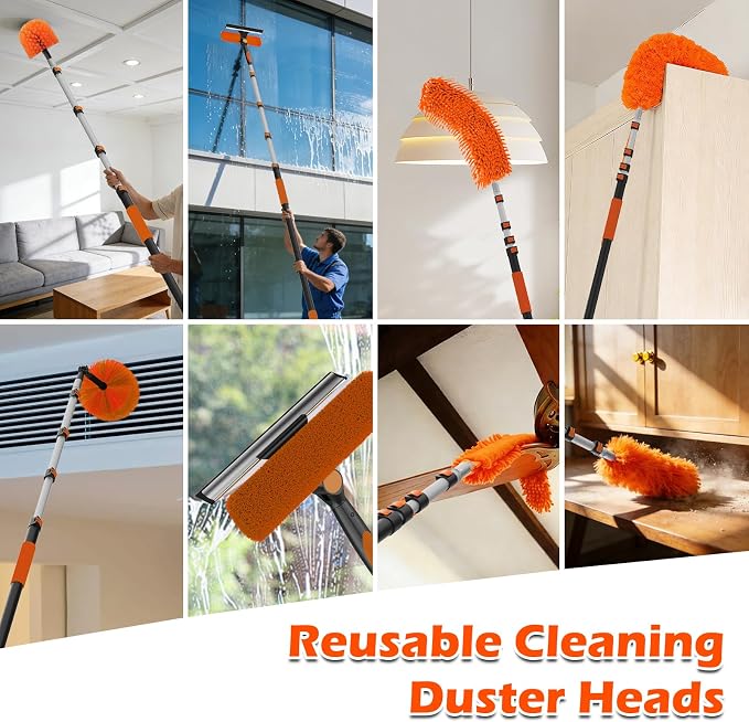 25FT Reach High Ceiling Duster Kits with 5-20FT Adjustable Pole - Includes Extra Long Duster, High Ceiling Duster, Rotatable Window Squeegee & Cobweb Duster for Ceiling Fans and Whole House Cleaning