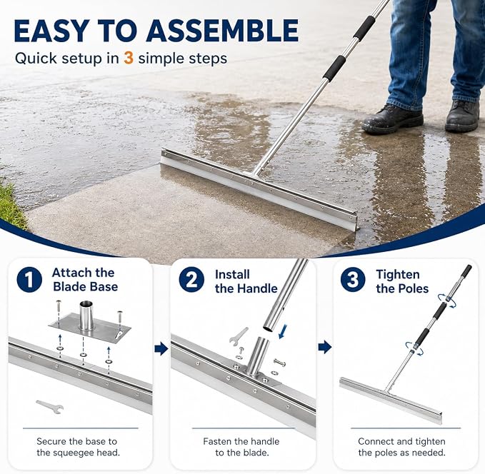 Large Floor Squeegee, 304 Stainless Steel Heavy Duty Water Removal Tool | 304 Stainless Steel Construction, 33.4" Wide Silicone Blade, Heavy Duty Design, Anti-Splash Baffle, Anti-Loosen Screws