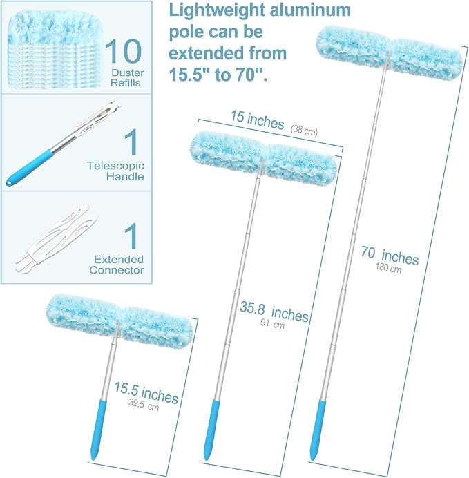 JEHONN Duster with 6 ft Extension Pole, 10 Refills Compatible with Swiffer Super Extendable Handle Heavy Duty Dusting Wand Starter Kit for Cleaning High Ceiling Fan Shelves Vent Window Blind