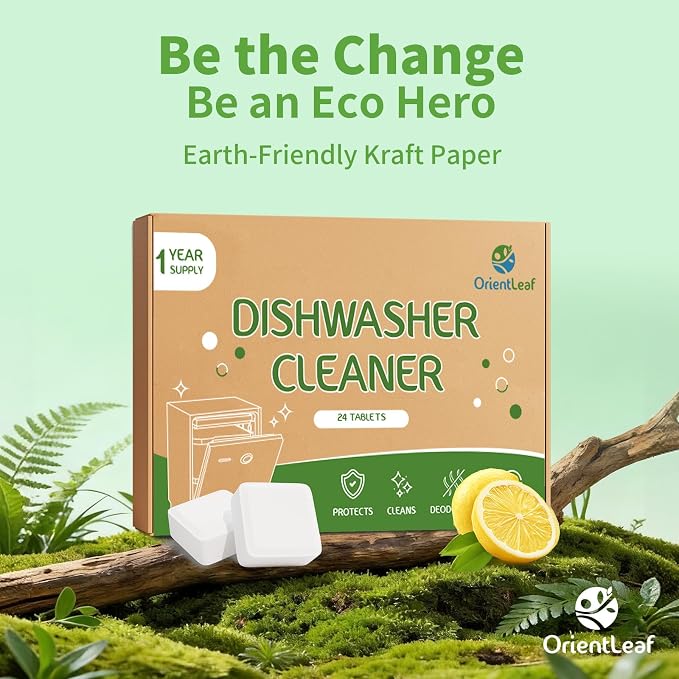 OrientLeaf Dishwasher Cleaner And Deodorizer 24 Pack, 1 Year Supply Dishwasher Cleaning Tablets, Descaler, Removes Limescale, Hard Water Marks, Grease and Odors, Lemon Scent