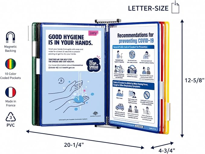 Tarifold Magnetic Wall Mount Reference System, 10 Pockets, Assorted Colors | 10 double-sided PVC pockets hold 20 letter-size sheets, magnetic mounting plate, snap-on index tabs, easy to install