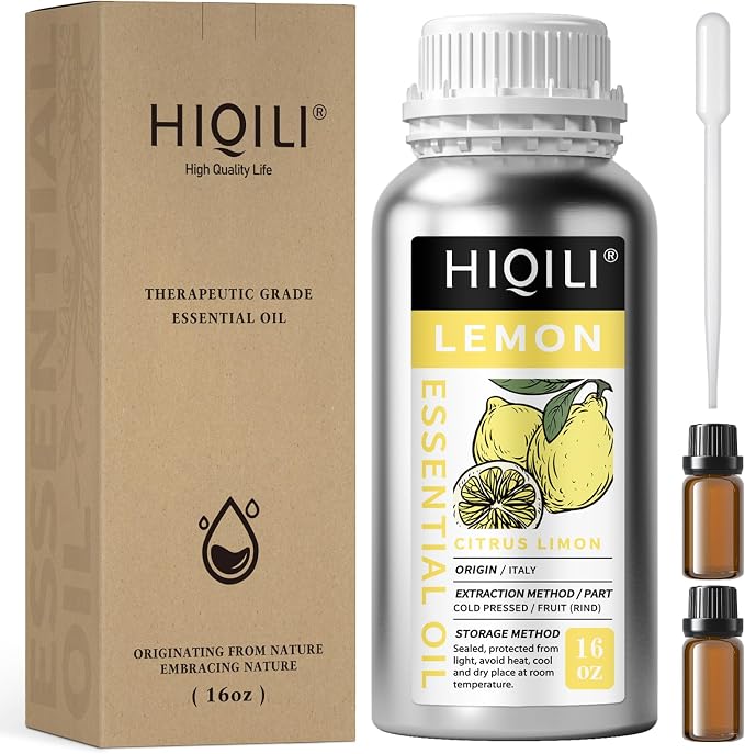HIQILI Lemon Essential Oil for Cleaning, Skin & Diffuser | Can be added for degreasing, household use and aromatherapy purposes – 473mL / 16 fl.oz