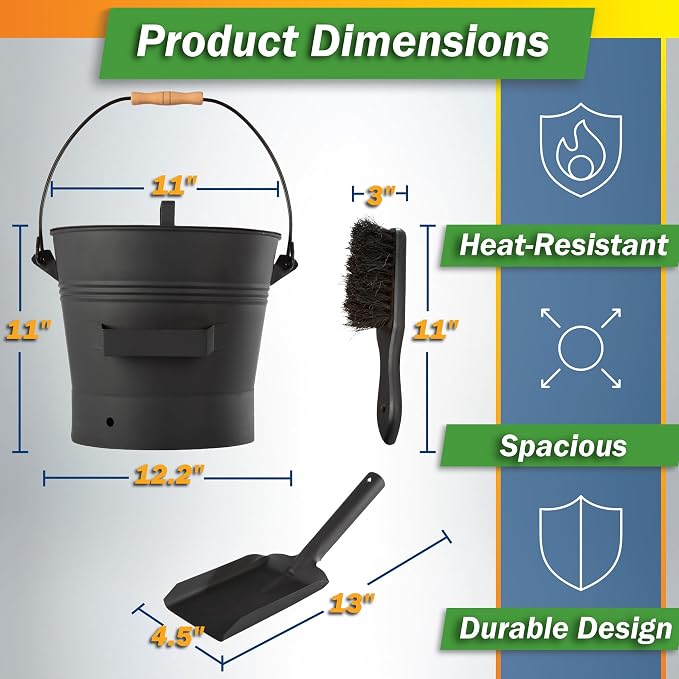 Wakeman Ash Bucket - Metal Bucket with Lid (2.11-Gallon), Broom, and Shovel for Fireplace or Firepit Ashes - Fireplace Tools (Black) - 1 Count