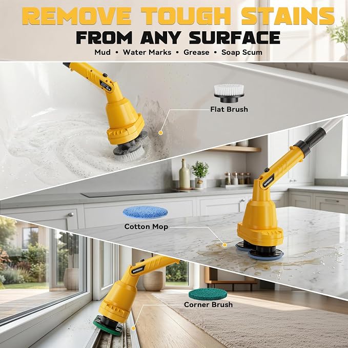 NATBEESY 2 in 1 Electric Spin Scrubber Compatible with DeWalt 20V Battery(Tool Only), Dual-Head Power Scrubber, 680/1200 RPM, 45° Adjustable Head, Extendable Handle for Tile, Tub, Floor & Bathroom