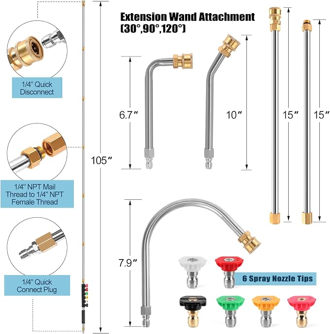 10 Pack 9 FT Pressure Washer Wand, Gutter Cleaning Tools from the Ground | Gutter Cleaner Attachment for Pressure Washer with 6 Pressure Washer Nozzle Tips, 30°, 90°, 120° Gutter Cleaner Curved Rod