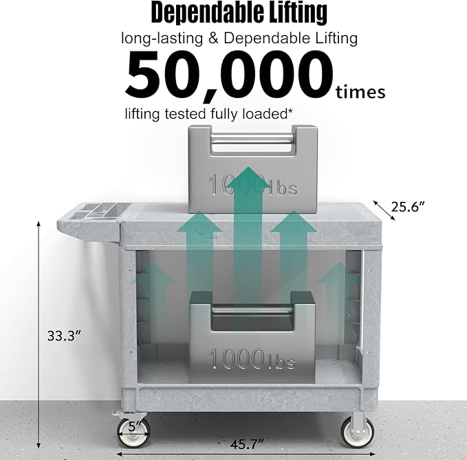 Utility Cart on Wheels, Heavy Duty Large Flat Top Rolling Service Cart, 46 x 25 Inch Work Carts, 2 Shelf 1000 lbs Capacity Plastic Tool Cart, for Warehouse, Garage, Cleaning, Gray