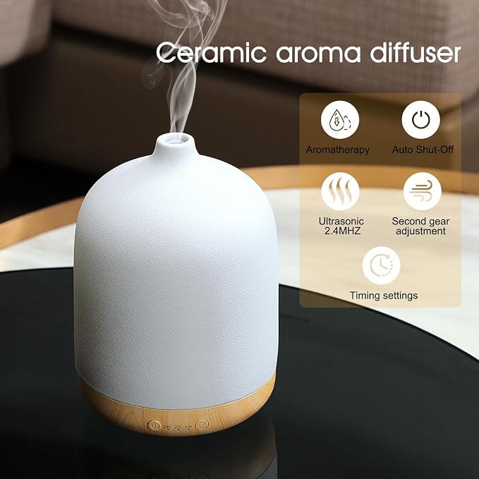 250ml Ceramic Essential Oil Diffusers for Home, Aromatherapy Diffuser | Kakoda Decorative Bedroom Aromatherapy Scent Air Diffuser Ultrasonic Aroma Defusers 250ml with Timed-Wood Grain+White