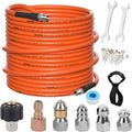 100FT Pressure Washer Sewer Jetter Kit, 5800 PSI Water Jet Drain Cleaner Hose with Corner Rotating Button Nose Nozzle, Sewer Jetting Nozzles Kit with Spanner Handle Strap