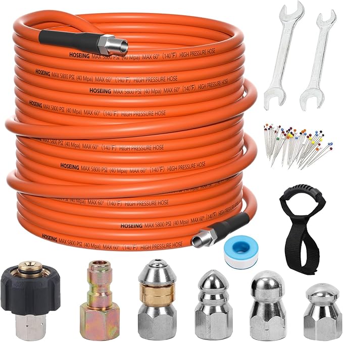 100FT Pressure Washer Sewer Jetter Kit, 5800 PSI Water Jet Drain Cleaner Hose with Corner Rotating Button Nose Nozzle, Sewer Jetting Nozzles Kit with Spanner Handle Strap