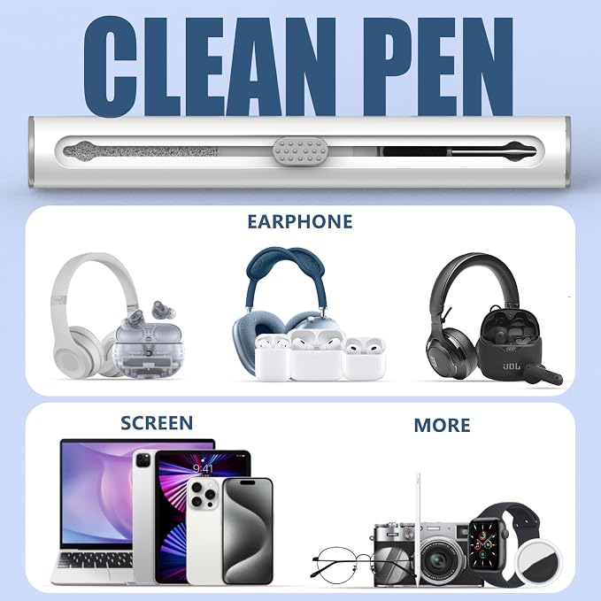 Inesore Multi Cleaning Pen for AirPods & All Bluetooth Earbuds(White+White) | 3-in-1 Design with Brush,Sponge & Metal Tip, Airpod Cleaning, Phone Cleaner, Earbud Cleaning, Electronic Device Cleaning Tool
