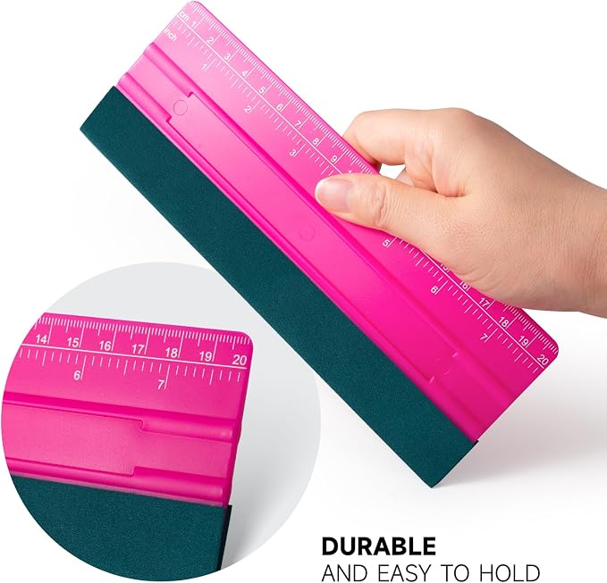 FOSHIO Professional Squeegee for Vinyl, Decals, Sticker Paper, Wallpaper, Window Film, Craft, Suede Felt Squeegee Smoothing Tool with Ruler, Pink (8 inches)