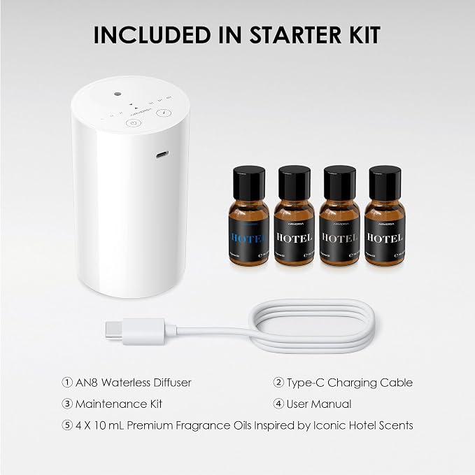 Airversa AN8 Waterless Essential Oil Diffuser Starter Kit, White | 4 x 10mL Hotel Scent Fragrance Oi, Up to 600 sq ft, Battery Operated, Portable for Home Car Office, AN8Kit-4x10-01
