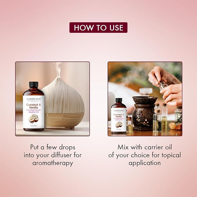 Majestic Pure Coconut Vanilla Essential Oil for Diffuser - 2 Fl Oz | 100% Pure & Natural Essentials Oils for aromatherapy, massage blends and DIY home fragrance projects, Massage and room sprays