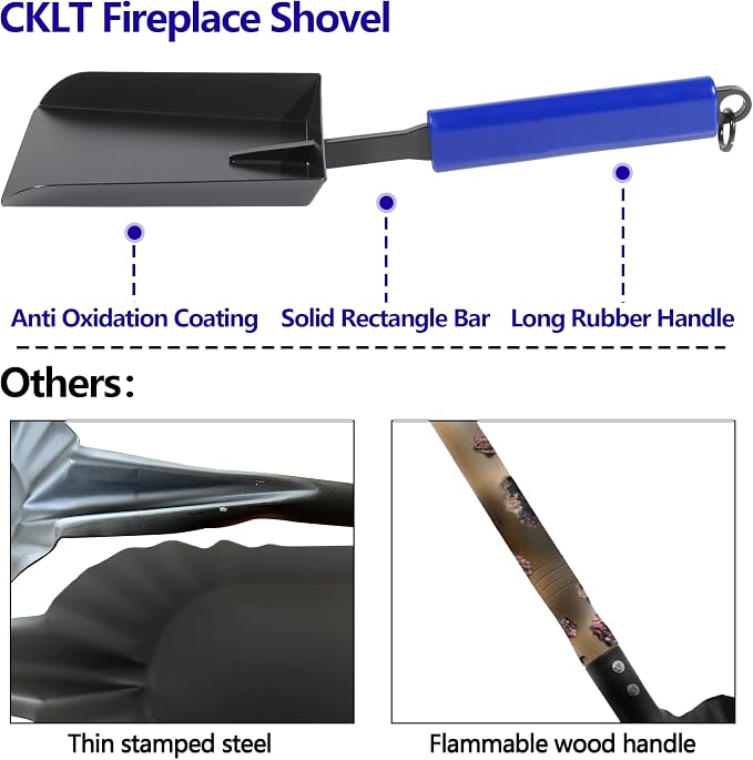 15in Fireplace Ash Shovel Wider Head Manganese Steel | Gardening Shovel for Yard with Rubber Handle and Hanging Ring for Outdoor Fire Pit Indoor Fireplace Solo Stove Woodstove