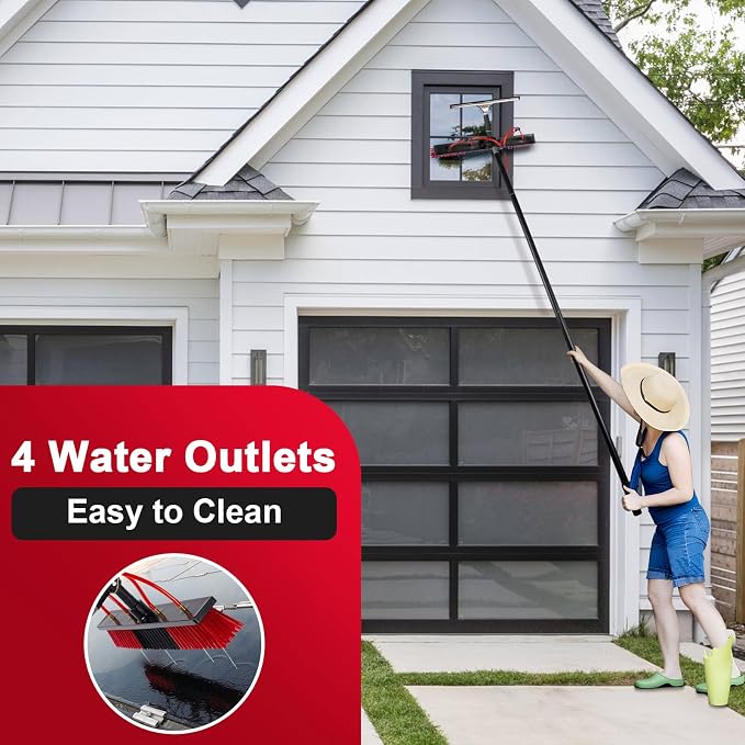 26ft Long Reach Solar Panel Cleaning Kit - Aluminum Extendable Water Fed Pole, 22in Wide Brush & Squeegee, Bendable Dusting Brush - Outdoor Window Washing Equipment Tool