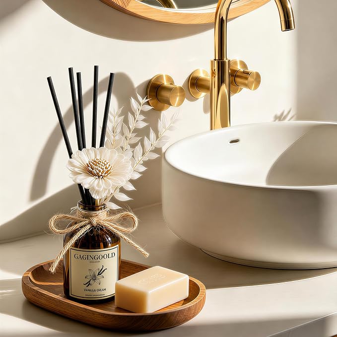 Reed Diffuser Set, Vanilla Cream Scent Diffuser with 10 Sticks & Decorative Flower, Long Lasting Diffusers for Home Fragrance, Vintage Decor for Bathroom Bedroom Office Shelf, 5 Fl.oz