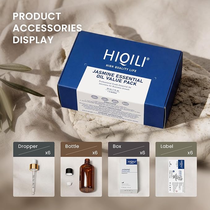 HIQILI Jasmine Essential Oil Set for DIY Making, Skincare & Diffuser | Bulk Wholesale Supply for Spas, Salons, Hotels & Homestays, Ideal for Spa, Sauna and Gift - 6 Bottles / 1 Fl Oz Each