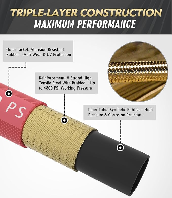 3/8" 4800PSI Pressure Washer Hose 200FT with 360° Swivel Quick Connect, Flexible & Kink Resistant Steel Wire Braided & Durable for Hot/Cold Water, High Power Washer Hose With M22 14mm Adapter