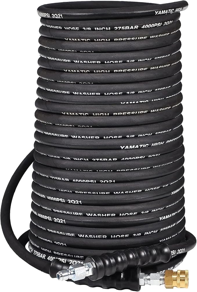 YAMATIC 3/8 Pressure Washer Hose 200 FT 3/8", 4000 PSI Hot Water Power Washer Hose, 360° Swivel 3/8" Quick Connect, Heavy Duty Rubber Hose for Simpson Honda DeWalt Generac Troy-Bilt