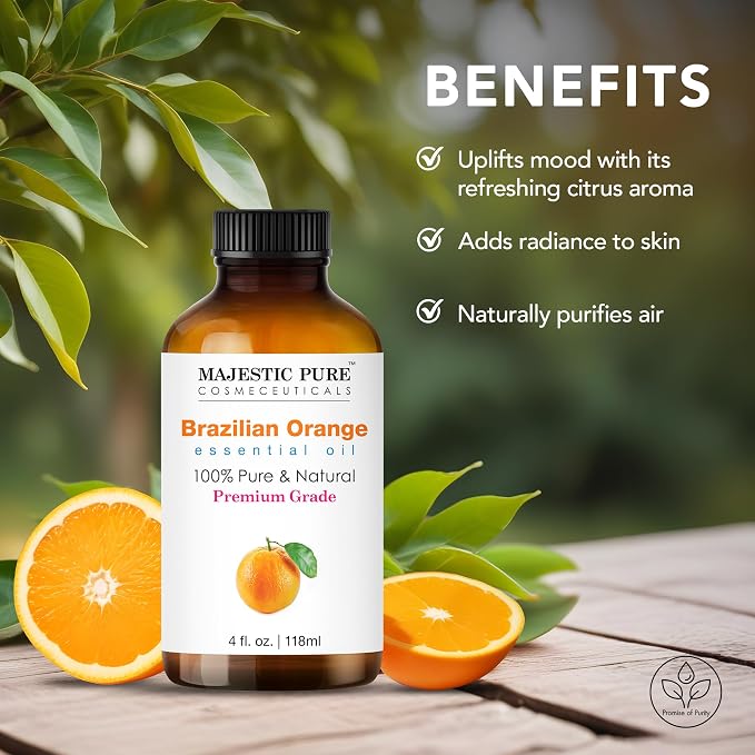 Majestic Pure Brazillian Orange Essential Oil for Diffuser - 4 Fl Oz | 100% Natural Premium Grade Oil for diffuser blends, candle making, wax melts, soap making, massage, Air Freshening