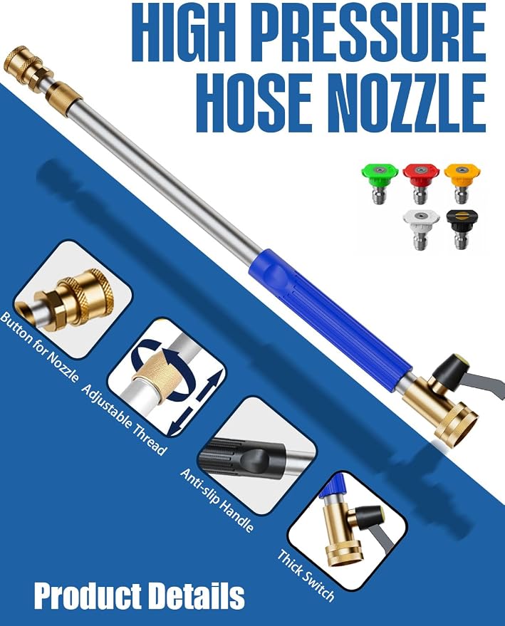 Upgraded Jet Nozzle High Pressure Hose Nozzle, Adjustable Hydro Nozzle Wands 18-33” for Garden Hose with 5 Nozzles & Hose Quick Connectors, Extended Power Washer Wand for Patio, Car, Window, Blue