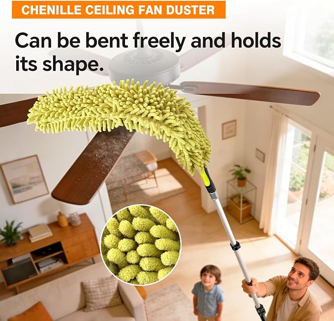 5-in-1 20Ft 4-Stage Telescoping Extension Pole Kit for Cleaning | Feather Dusters with Bristles for Outdoor Indoor, 4-Stage Spider Web Remover with Telescopic Pole for Ceiling Wall Yellow