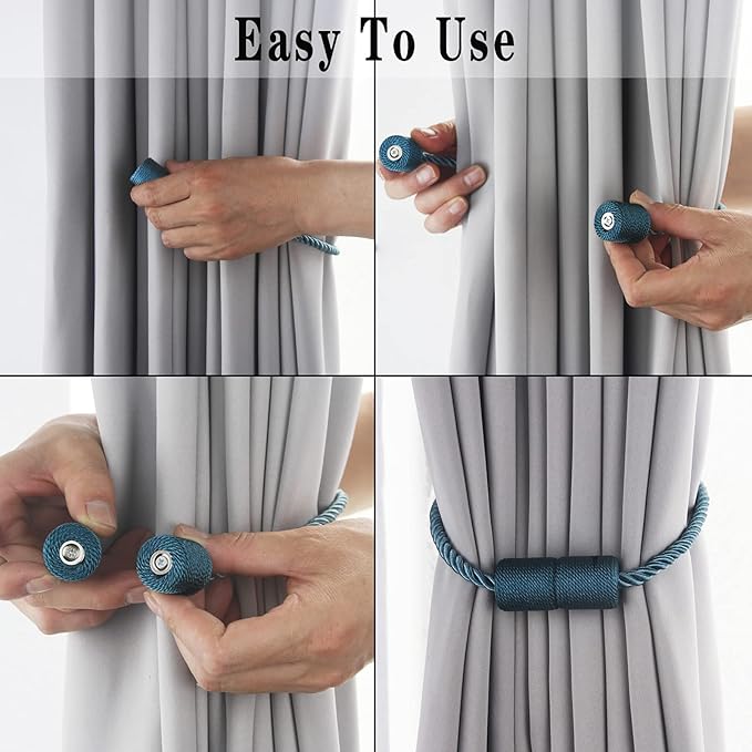6 Pack Blue Strong Magnetic Curtain Tiebacks Outdoor Elegant Decorative Tie Backs Modern Rope Tiebacks for Drapes Window Curtain Holdbacks for Draperies